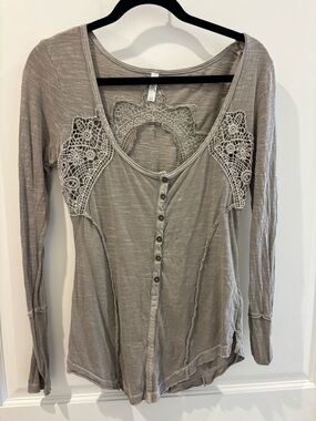 Free People Taupe Crochet-Inset Long Sleeve Henley